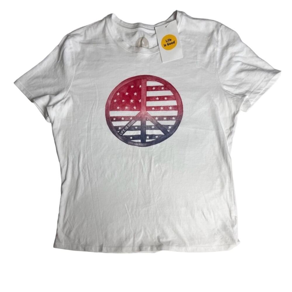 Life is Good Women's Peace and Love Logo Short Sleeve White Graphic Tee Sz M